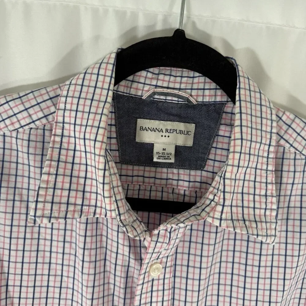 Banana Republic Dress Shirt Men's Medium 15.5 White Pink Plaid Button Up Long Sl